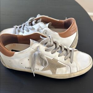 Golden Goose White and Tan Sneakers